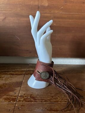 Love Tokens brand Fringed Brown Leather Cuff Bracelet coin accent western NFR
